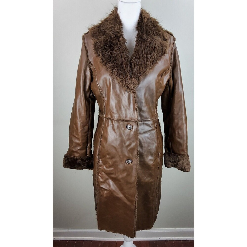 Reaction Kenneth Cole Leather Faux Fur Lined Jacket Coat Brown Size M
